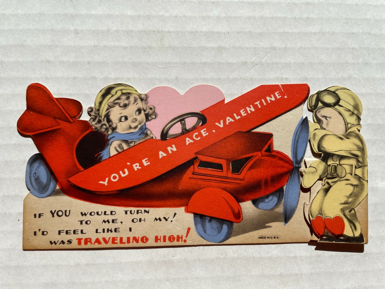 Cute 1940-50\'s Valentine\'s Day Card of Kids in Airplane with Pilot-Your an Ace 