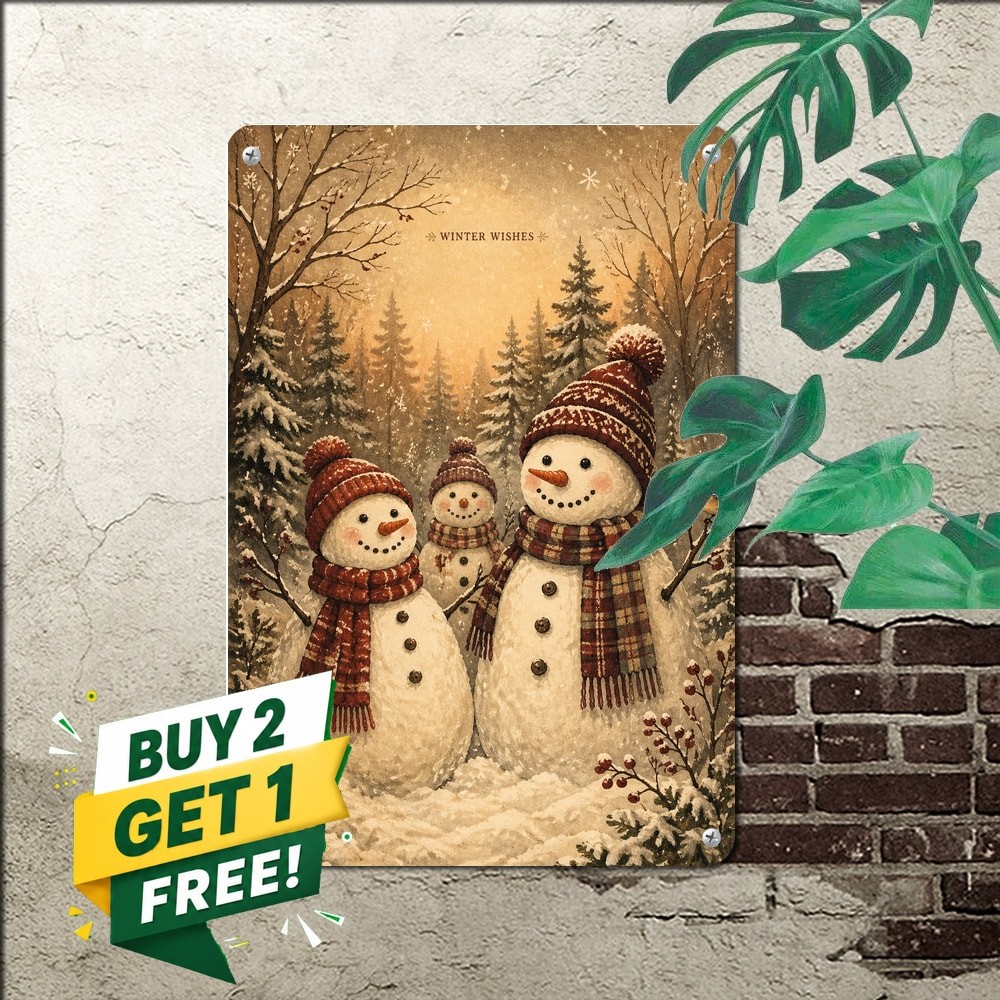 Festive Snowman Winter Scene Wall Art Decor Metal Plaque Sign 8x12