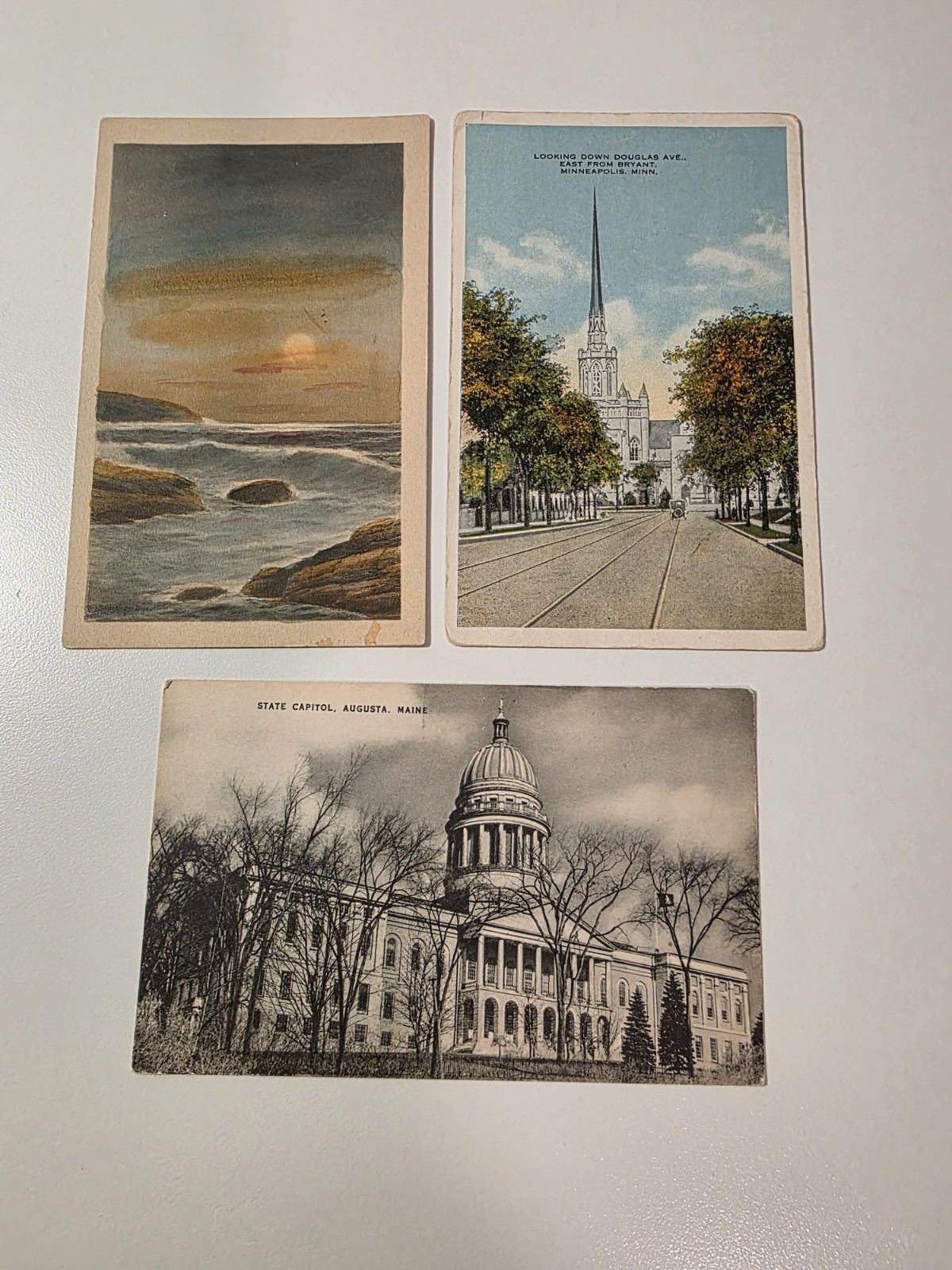 3 Old Postcards - Sunset Over Ocean Waves/Douglas Ave. Minneapolis/Augusta,Maine