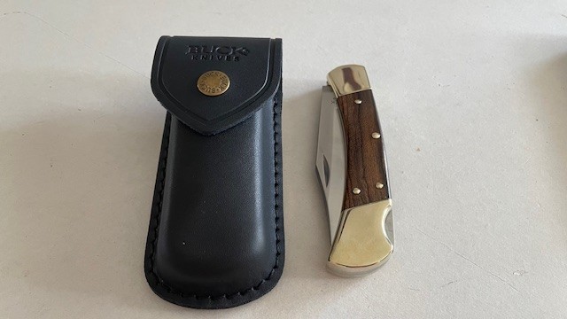 BUCK 110USA Hunting Pocket Knife Lockback Ebony Wood Handle W/Leather Sheath- BUCK 110USA Hunting Pocket Knife Lockback Ebony Wood Handle W/Leather Sheath-