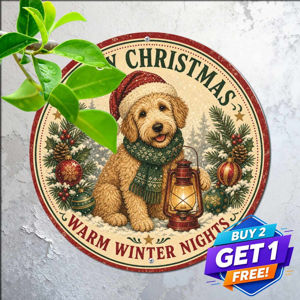 Retro Goldendoodle Dog Joy Holiday Theme Round Metal Tin Sign Pet Lover Decor