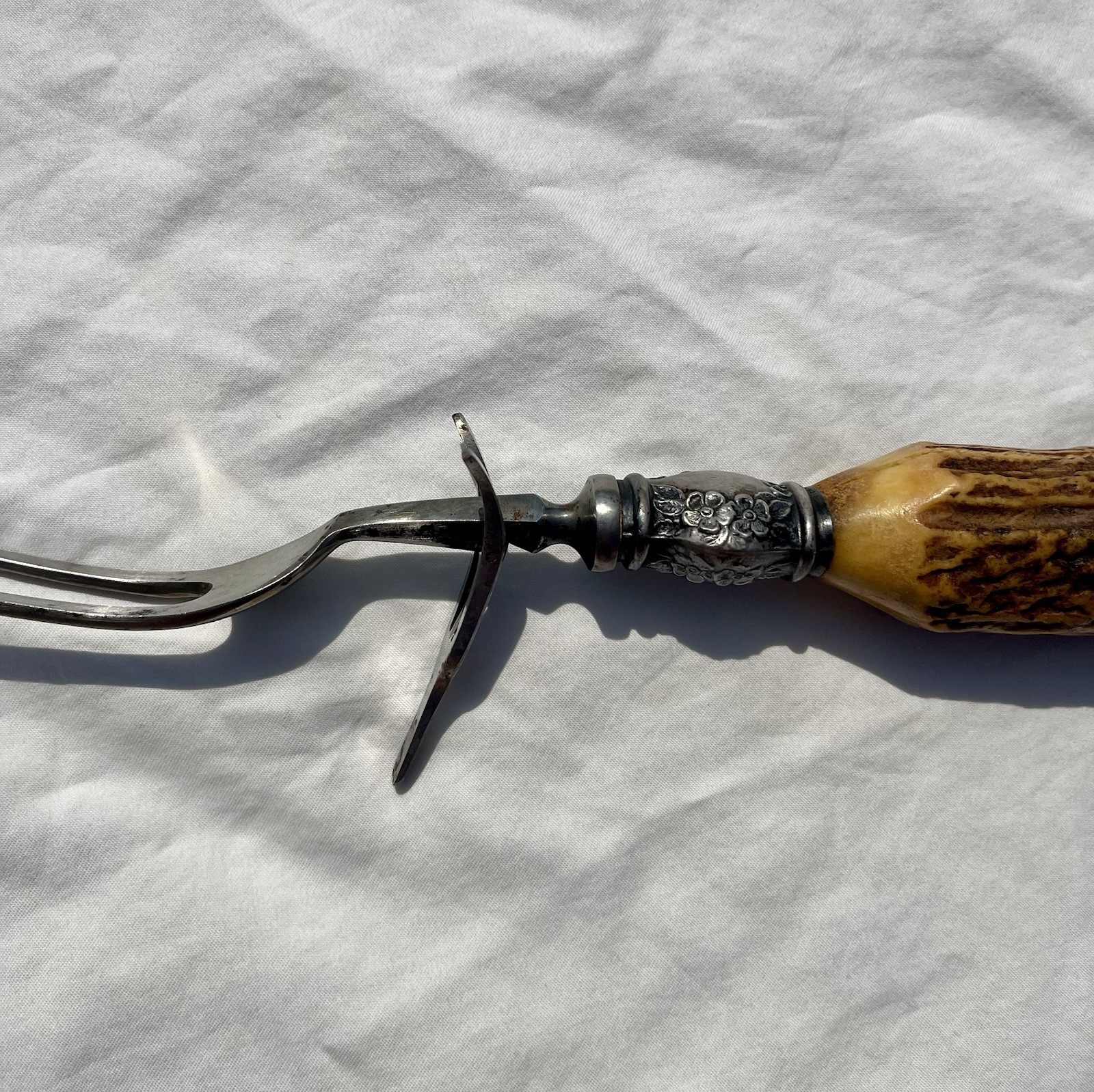Vintage Stag Antler Carving Serving Fork Sterling Silver Handle 2-Tine SSMC