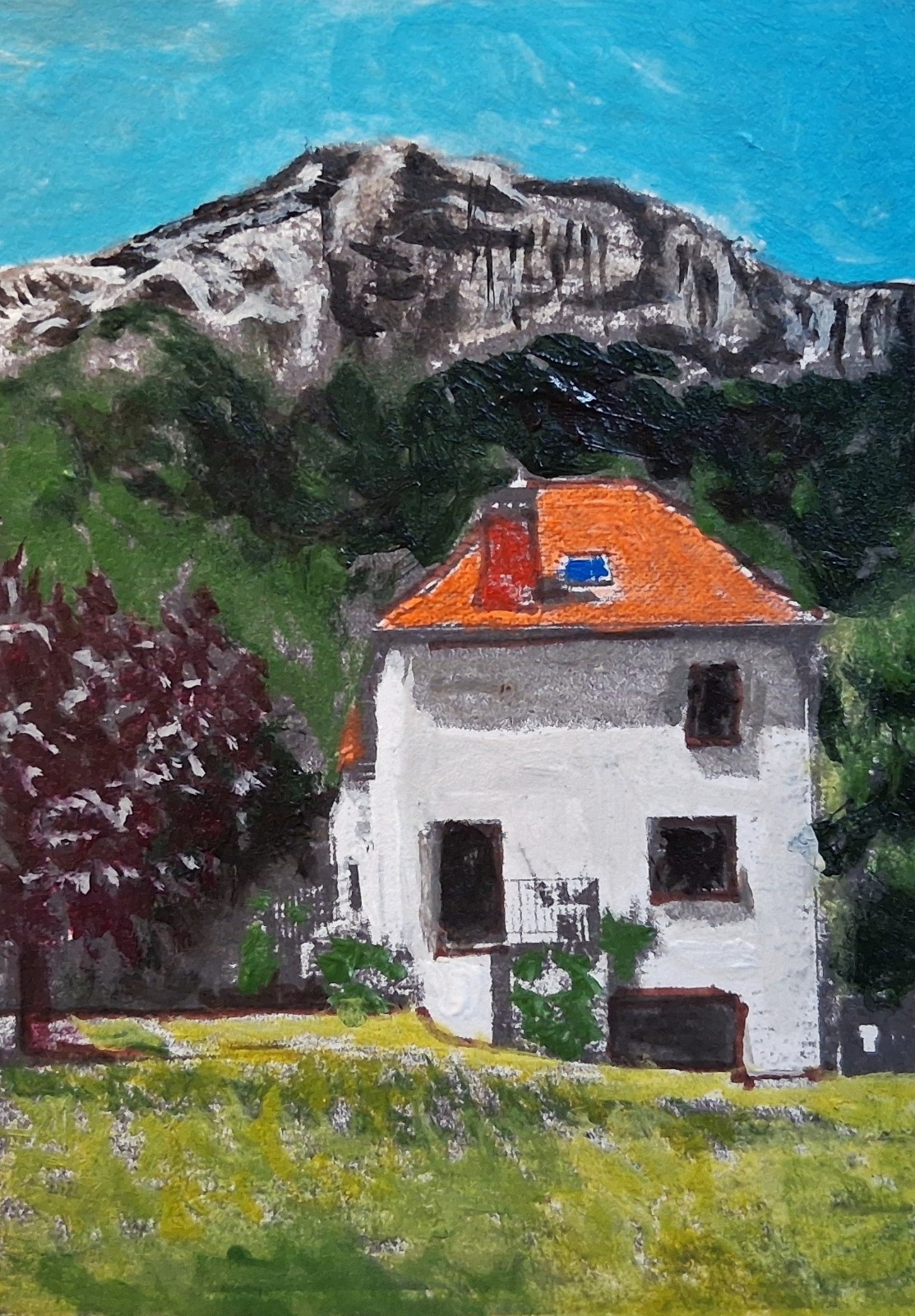 Original ACEO Acrylic Miniature Art Landscape House in Grenoble Country Mountain