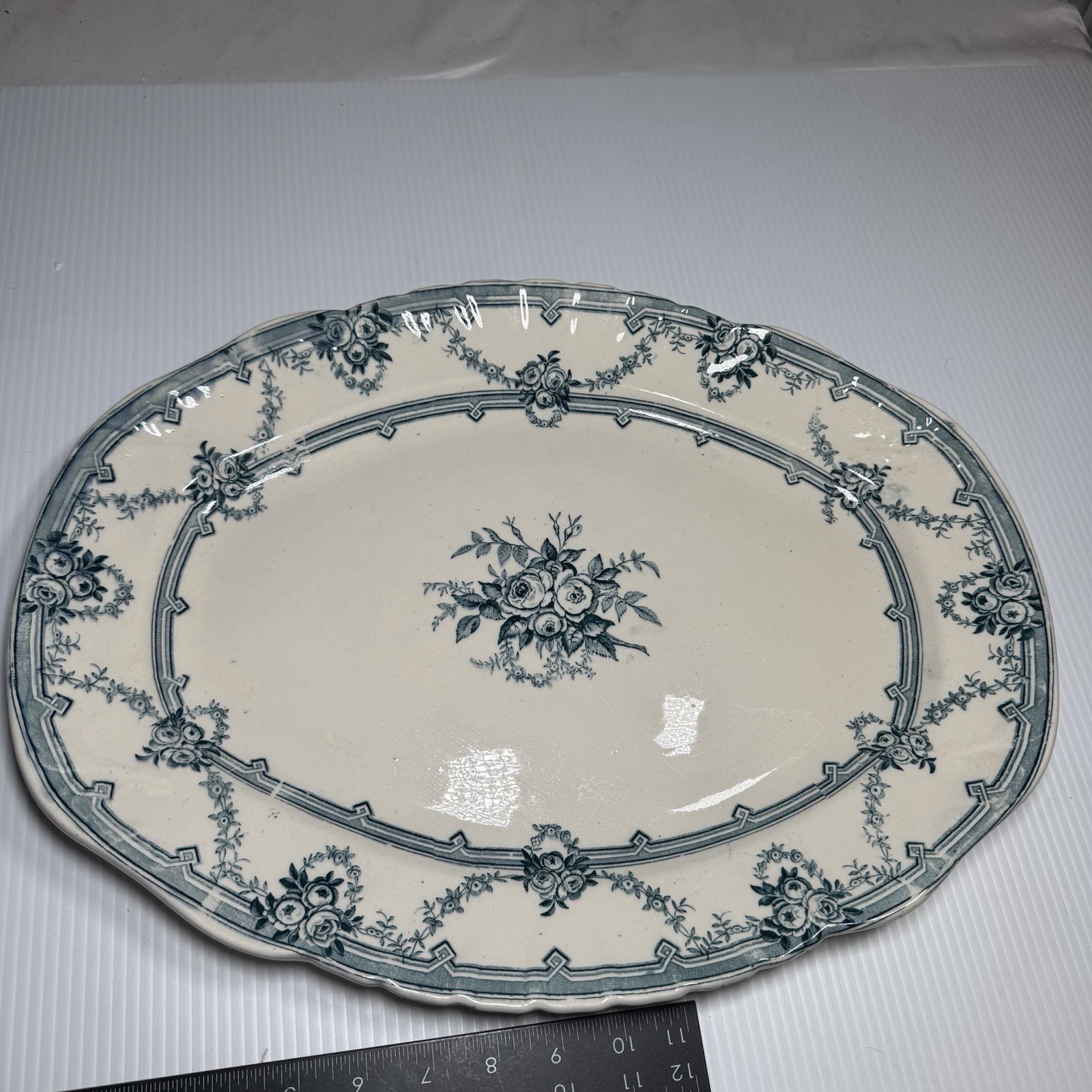 Antique French H & H Ironstone Platter Limited Victorian Era Blue & White
