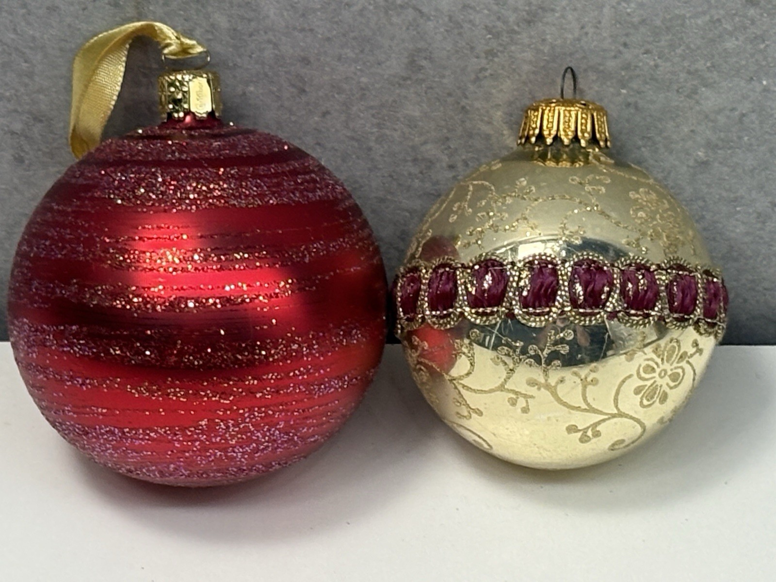 Vintage West Germany Glass Ornaments 4” Red & Gold with Glitter and Cabochons