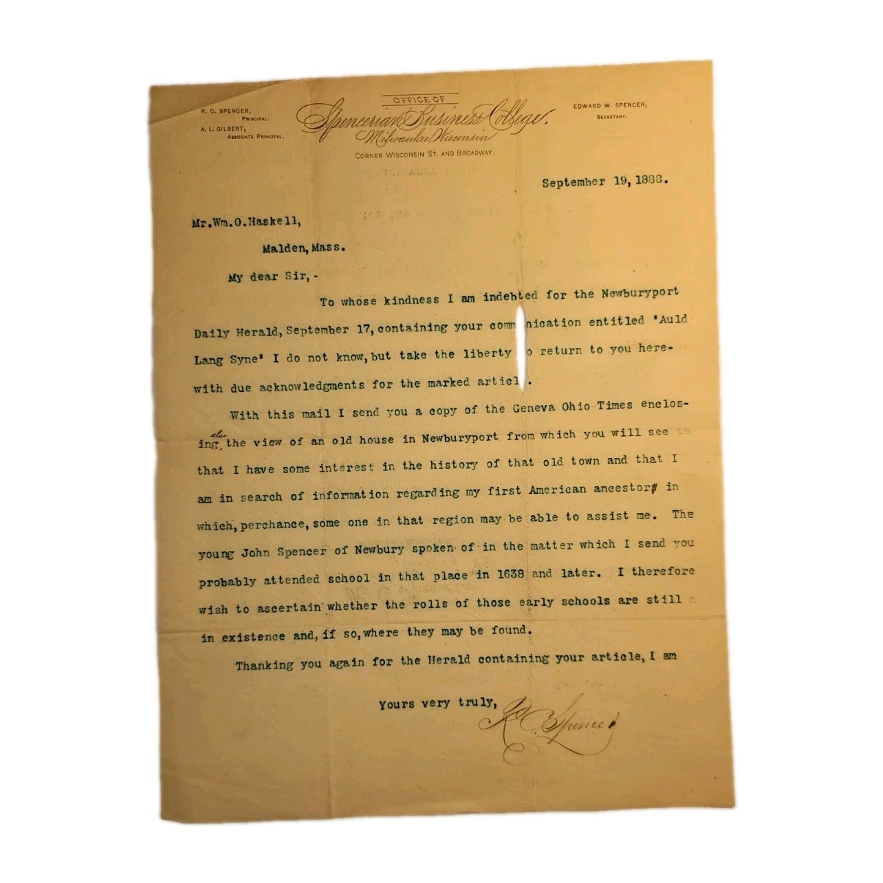 1888 Robert C Spencer Signed Letter Spencerian Business College Genealogy
