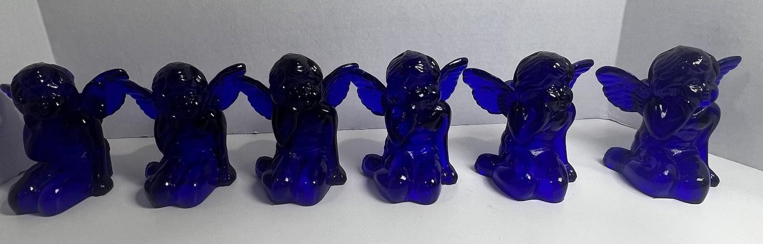 Vintage 6 Cobalt Blue Glass Sitting Cherub Taper Candlestick Holders Vintage 6 Cobalt Blue Glass Sitting Cherub Taper Candlestick Holders