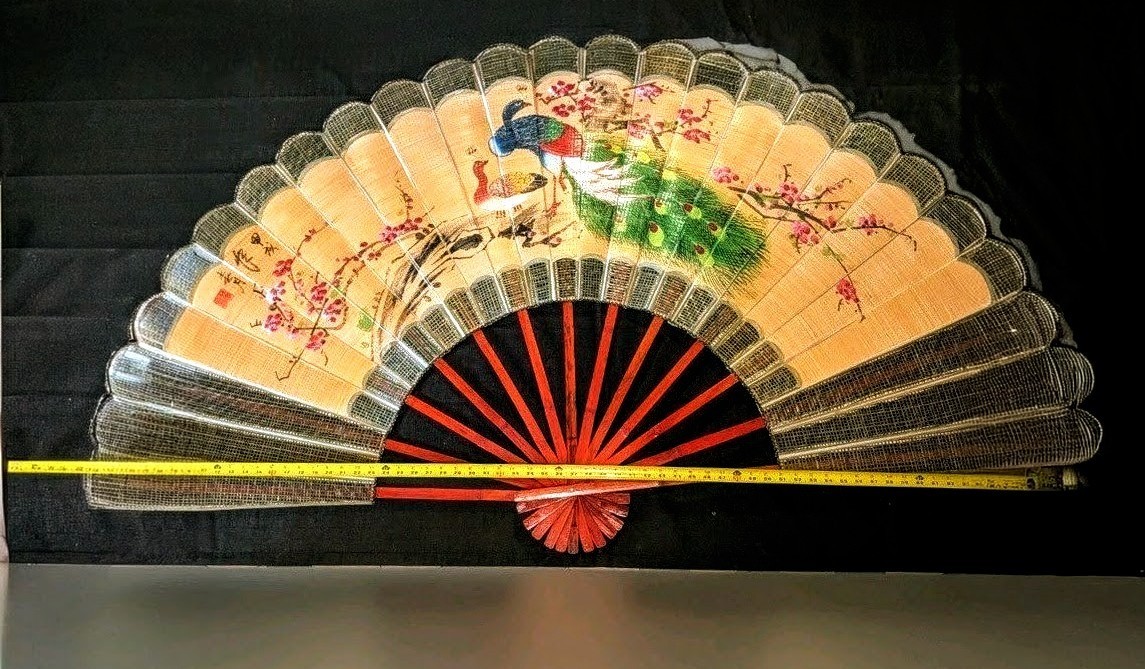 Hand Painted Vintage Bamboo Wall Fan Massive 71” Peacock & Blossoms Artisan 6ft