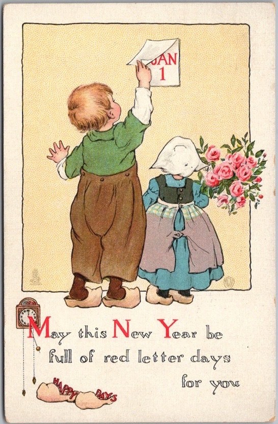 1920 Tuck\'s HAPPY NEW YEAR Postcard / Little Dutch Boy & Girl / Pink Roses