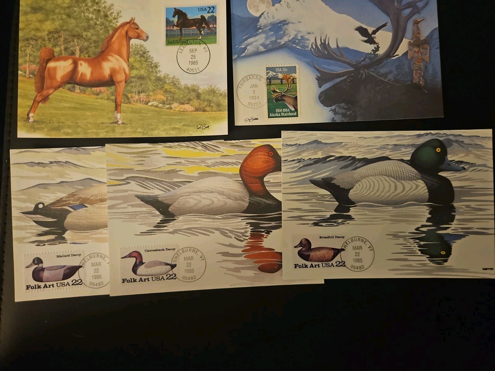 Vintage 1984 85 maximum card Lot (5) collection With Stamps, Ducks,Horses,