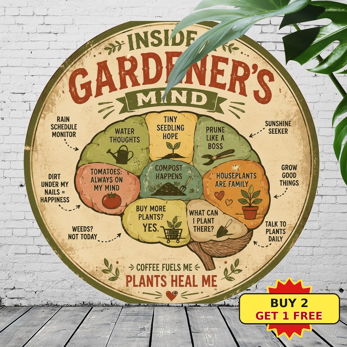 Gardener Brain Tin Sign Humorous Plant Lover Outdoor Yard Garden Plaque 8x8