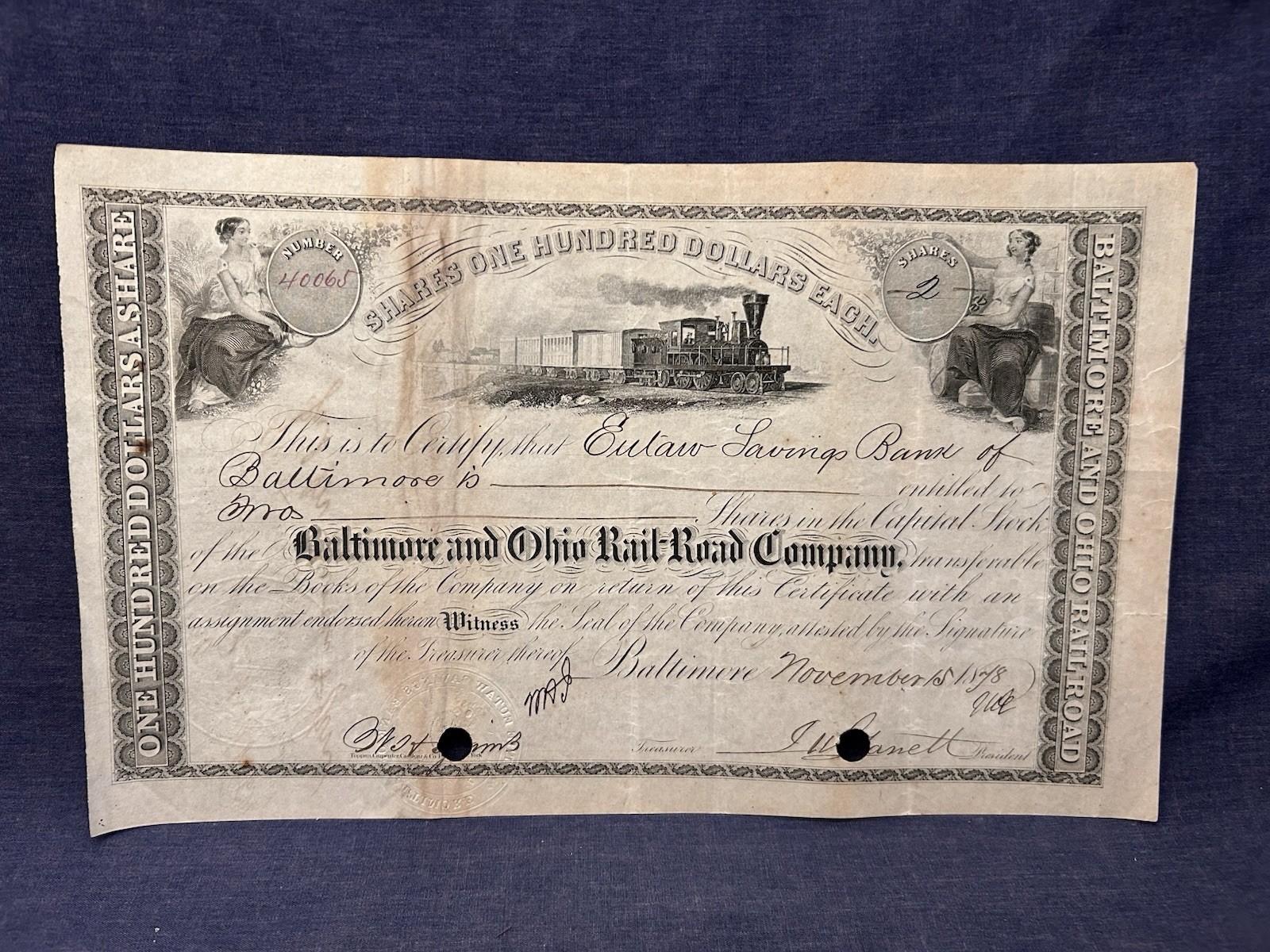 Nov 1878 B&O Baltimore Ohio Railroad Company 2 Shares 40065 Train Railway Stock