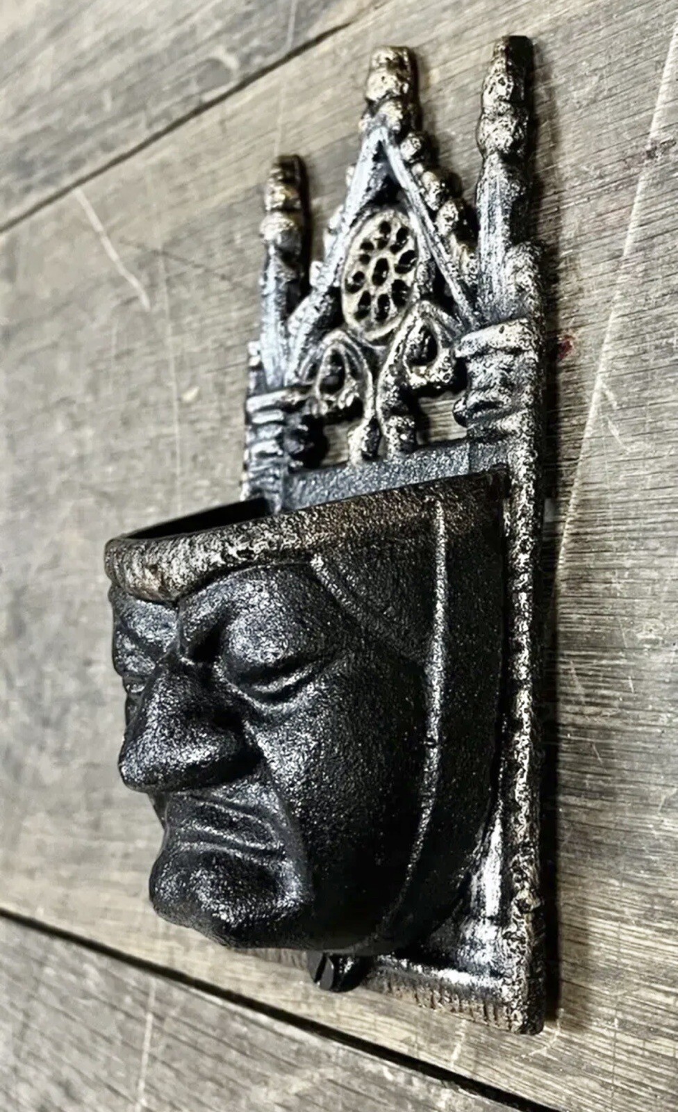 Cast Iron Medieval Face Black w/ Gold & Silver Trim Wall-Mount Match Holder