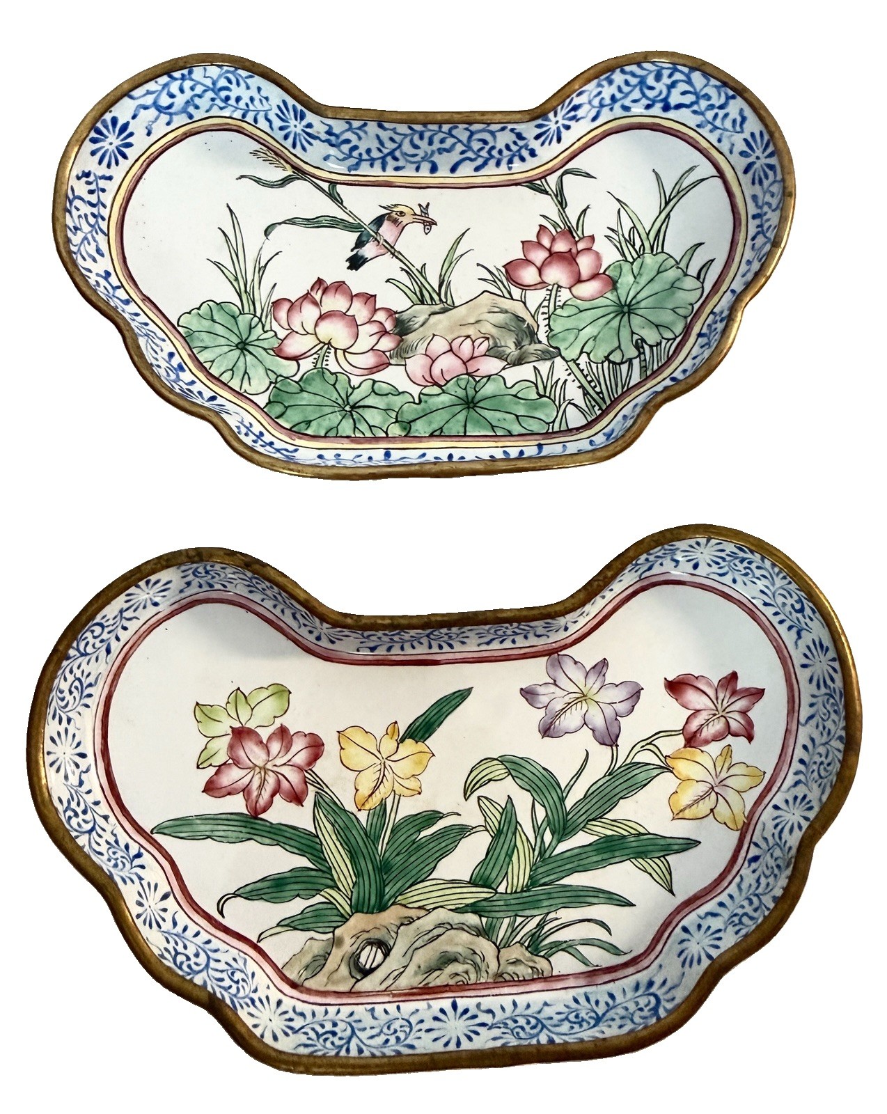 Set of 2 Vintage Chinese Canton Hand Painted Butterfly Form Enamel Trinket Trays