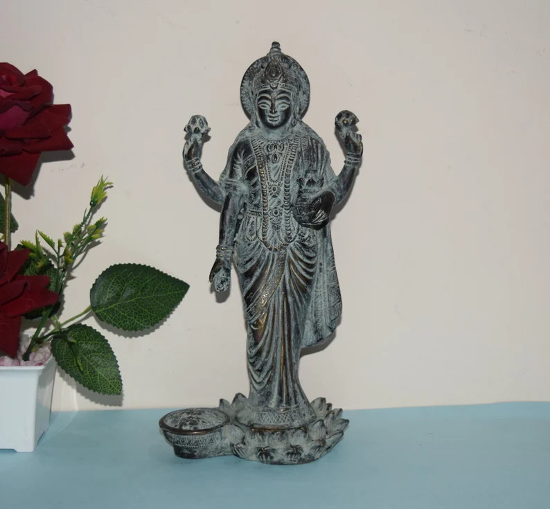 Lakshmi Goddess Statue Holding Flower Brass Religious Devi Murti Idol Dec RD301