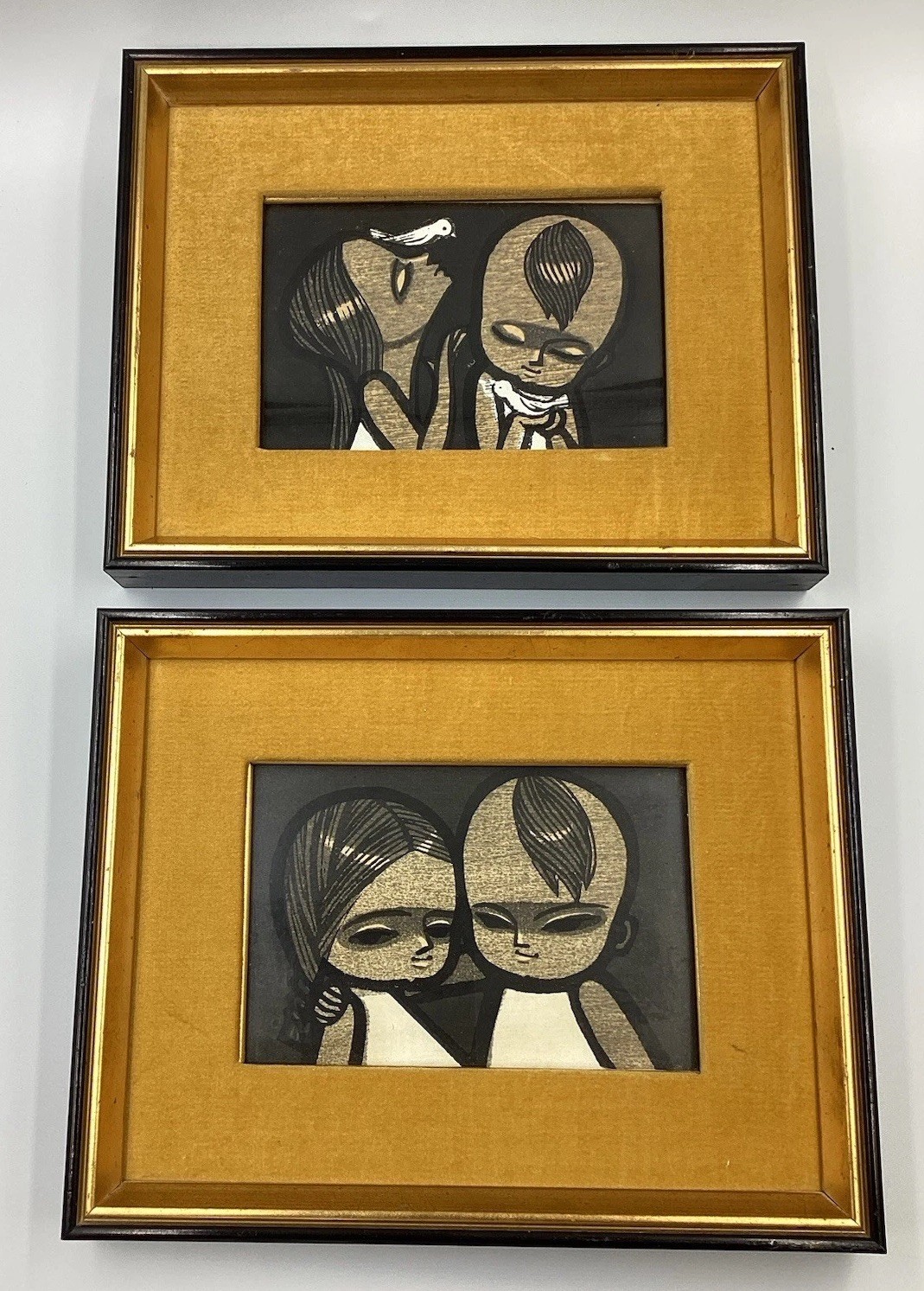 Shuzo Ikeda  (1922-2004) Framed Woodblock Prints - Children w Birds Boy and Girl