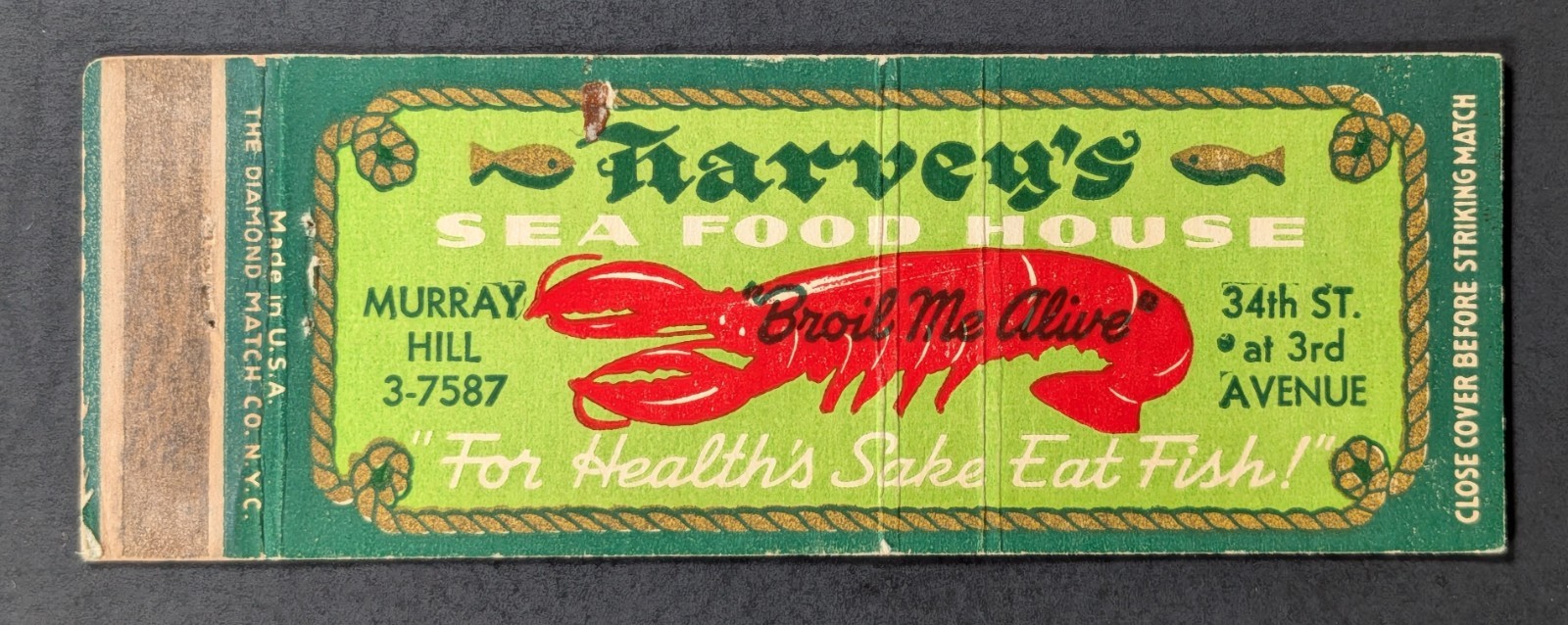 Vintage Harvey's Seafood Lobster Matchbook Cover