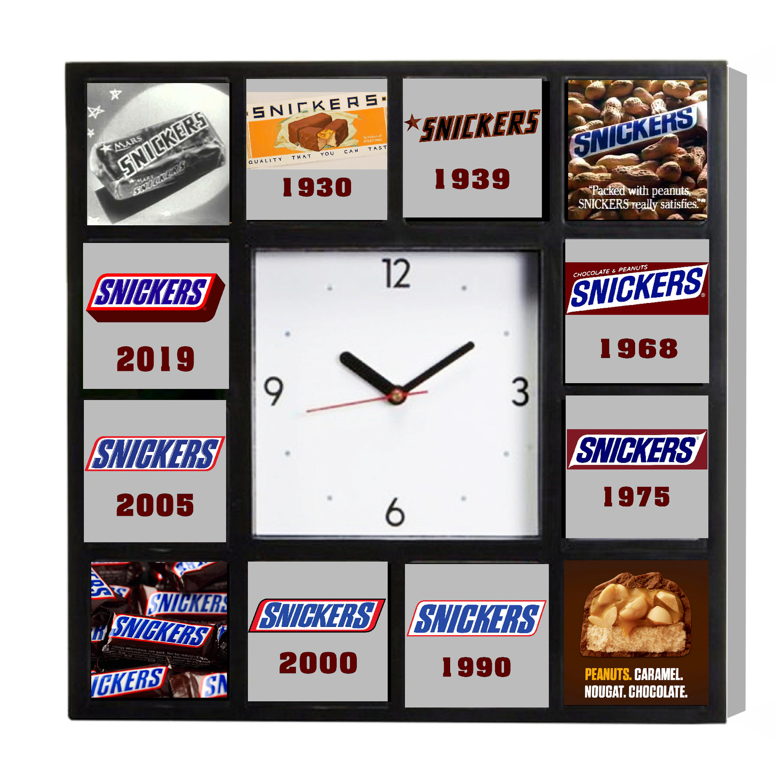 Snickers Candy Bar History Clock with Claasic Retro Vintage logos