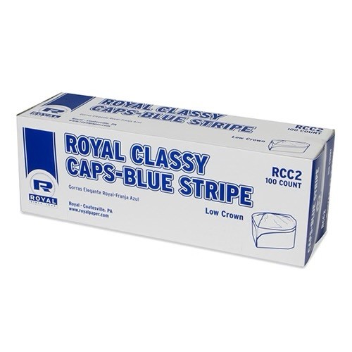 PACK OF 100 - Royal Classy Caps Blue Stripe Paper Chef Cook Hats Disposable PACK OF 100 - Royal Classy Caps Blue Stripe Paper Chef Cook Hats Disposable