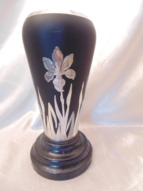 Tiffin Rockwell Black Satin Sterling Silver Overlay Vase Japanesque Iris \'20s