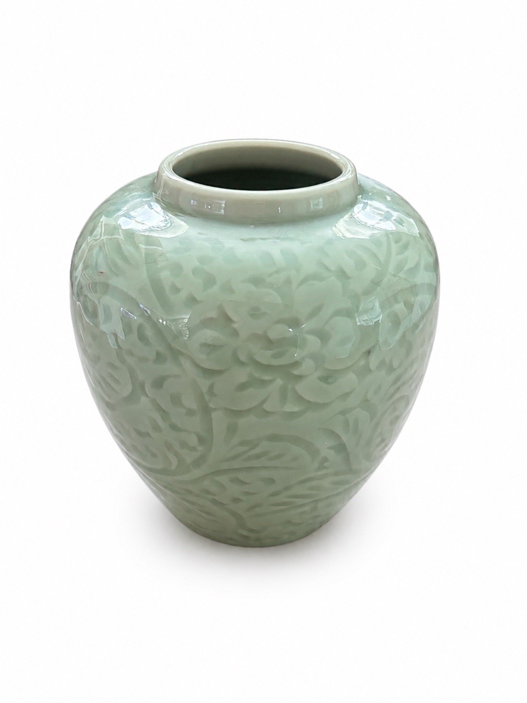 Vintage Chinese Celadon Soft Green  Embossed Floral Leaf Vase 6.5”