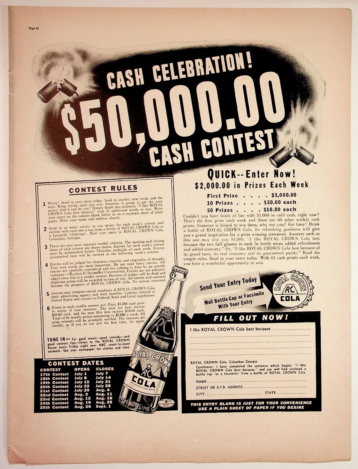 Vintage Royal Crown Cola $50,000 Cash Contest Magazine Ad RC Cola Ephemera