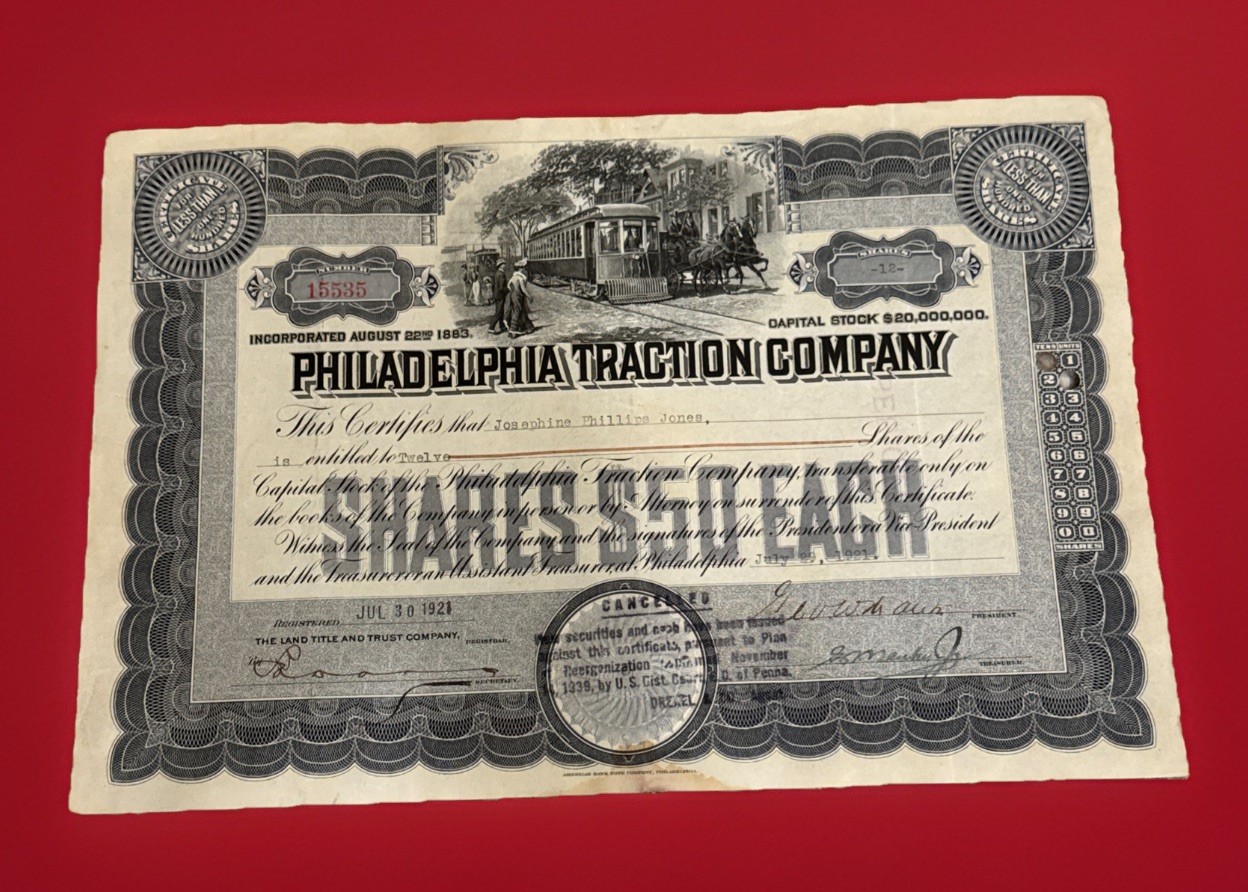 1921 Philadelphia Traction Co Stock Cert Electric Streetcar History Pennsylvania