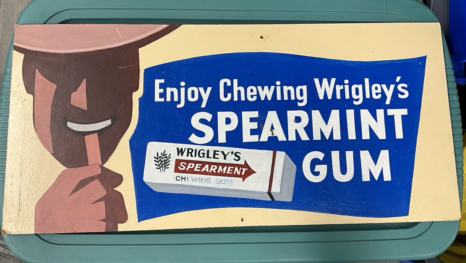 Vintage Wrigley’s Spearmint Gum Advertising Sign 30” x 14” Tempered Hardwood