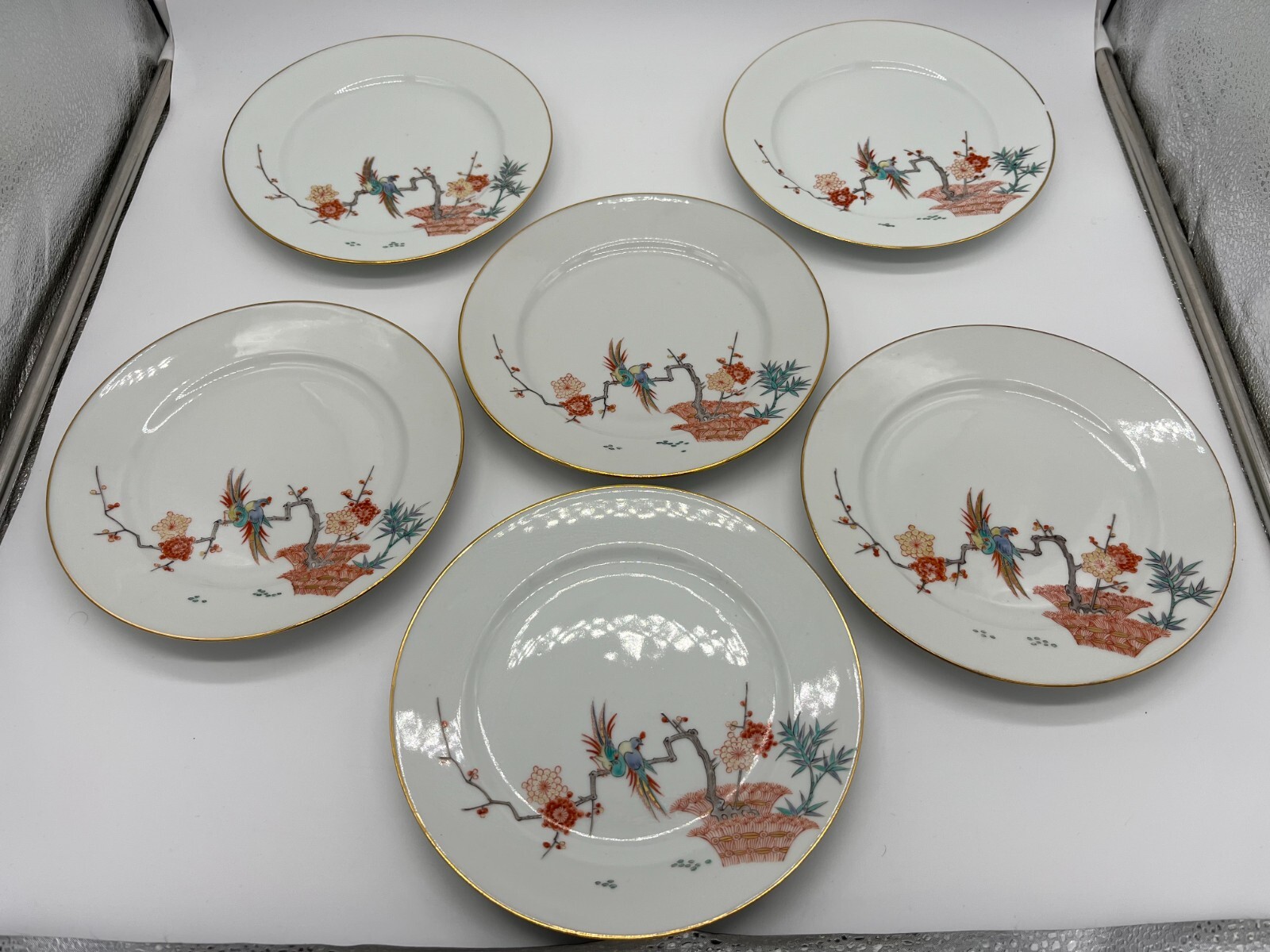 6 Fukagawa Karansha Orchid Mark Kukiemon Style Plates 1930s-50s Japan Gilt Edge