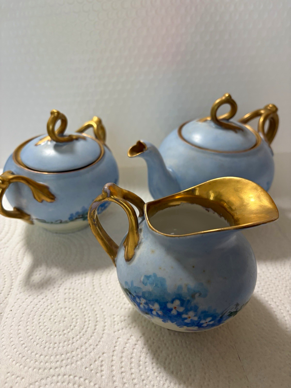 B & Co Limoges France Porcelain Tea Set Blue Floral Gold Teapot Creamer Sugar-