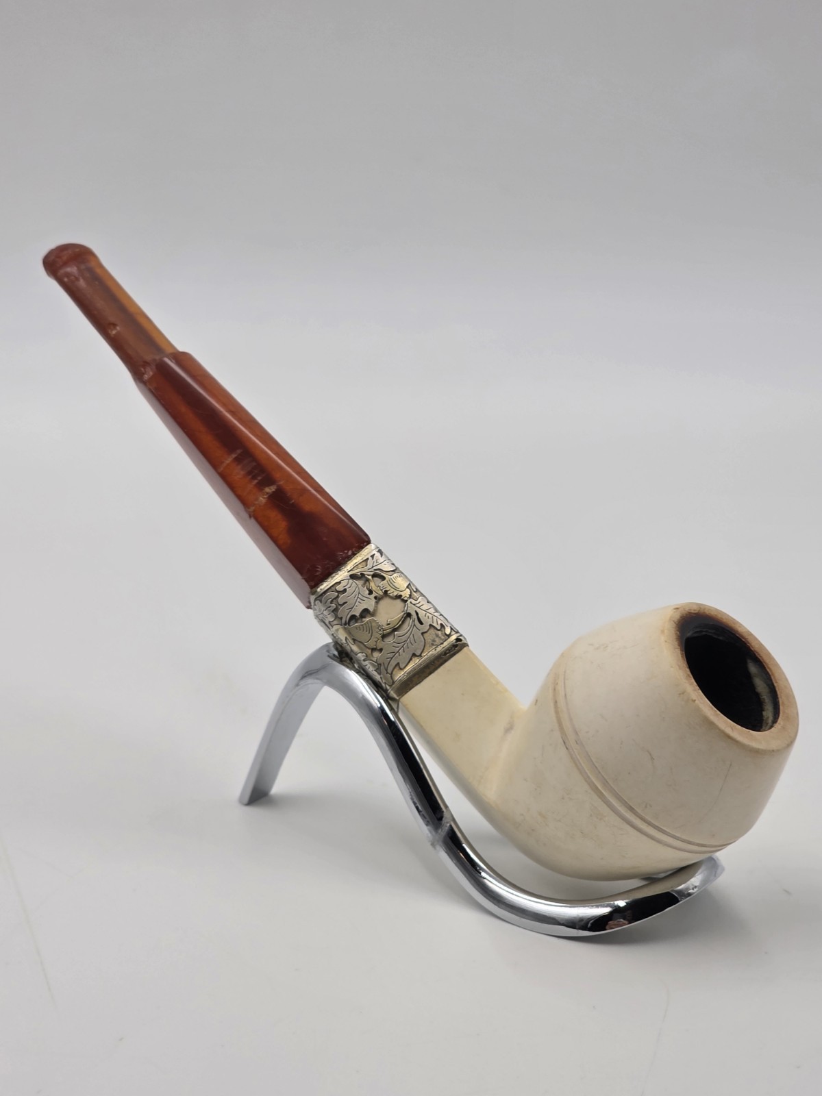 Antique Meerschaum Tobacco Pipe Sterling Silver Mount Cognac Amber Stem c.1890 Antique Meerschaum Tobacco Pipe Sterling Silver Mount Cognac Amber Stem c.1890