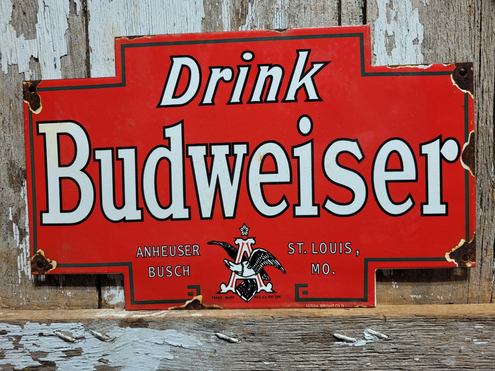 VINTAGE BUDWEISER PORCELAIN SIGN OLD BEER BOTTLE BEVERAGE ALCOHOL BAR BUD LITE