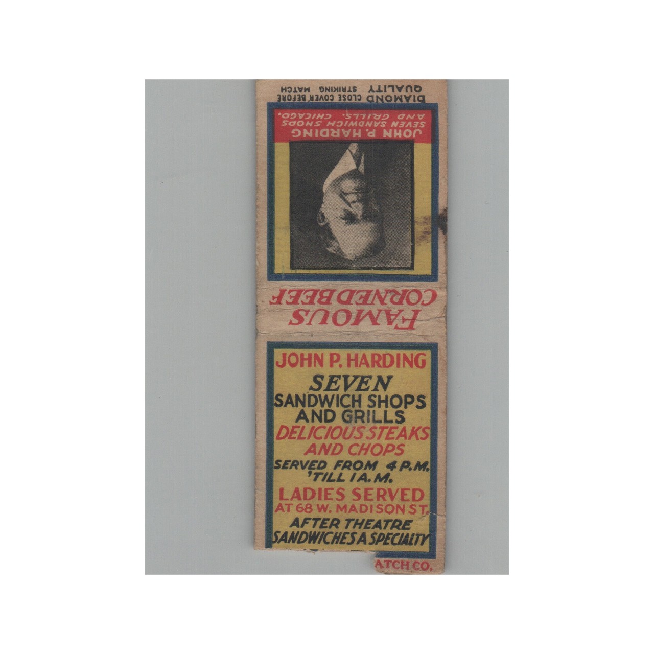 1930s DQ Matchbook Cover No Striker John P Harding Sandwich Shops Chicago IL