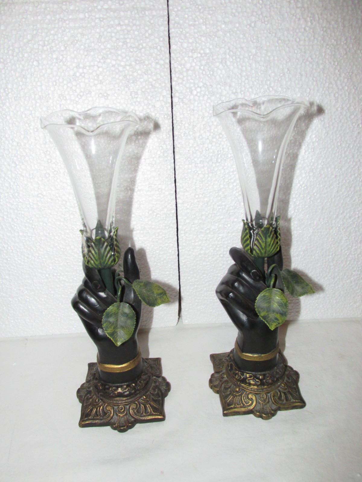 Vintage Matching Pair Petit Choses Metal Hand Bud Vases or Candle Holders