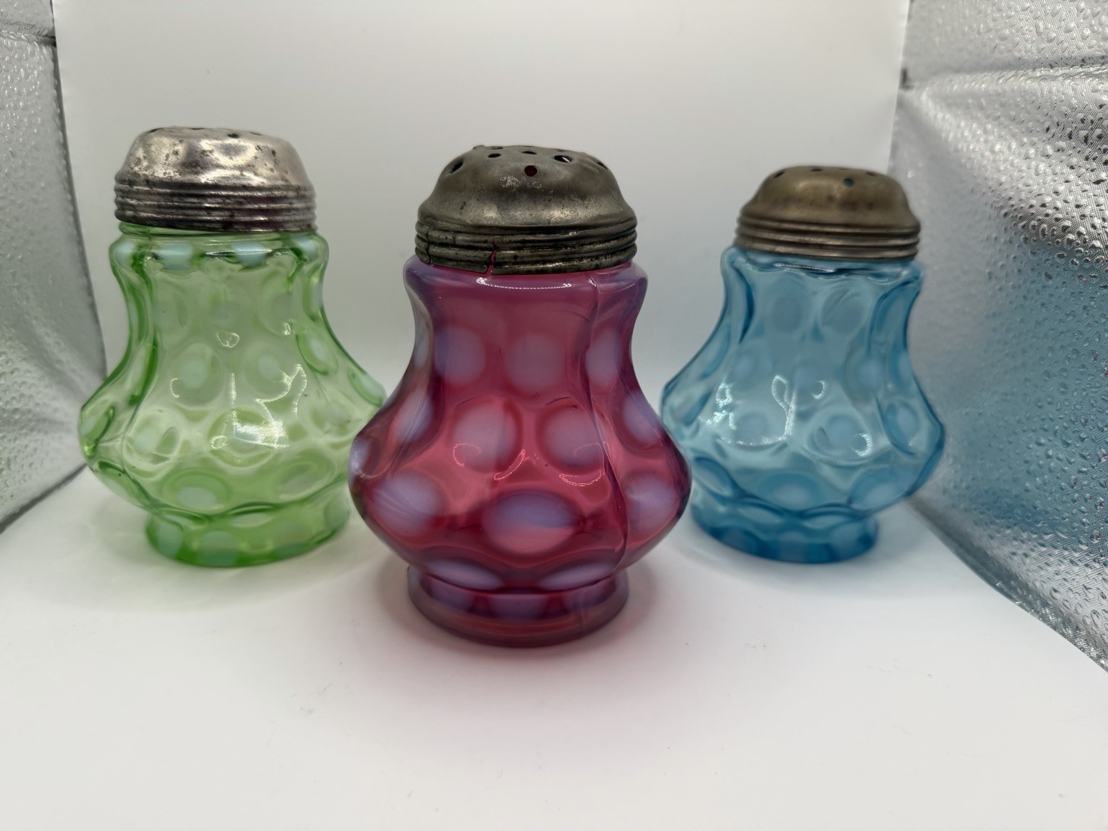 Set Of 3 Antique Victorian EAPG Blue - Green - Pink-  Coin Spot Sugar Shaker