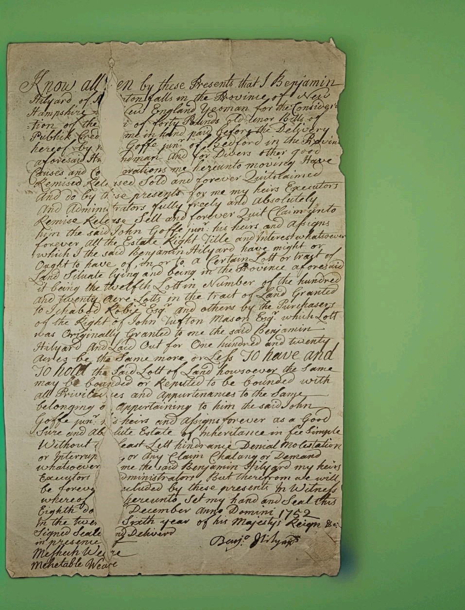 1752 Colonial New Hampshire Land Deed Signed by Meshech Weare & Benjamin Hilyard