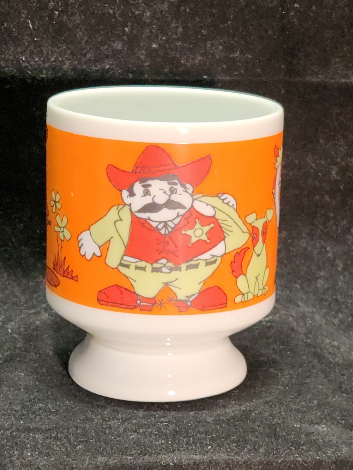 Vintage 1970s Footed Milk Glass Mug Western Sheriff Kangaroo Horse Dog Retro...