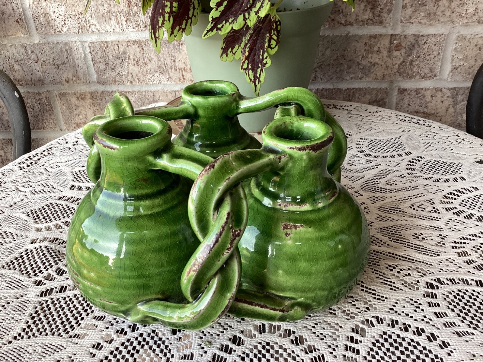 RARE MCM Glaze Green Pottery triple Vase/Planter
