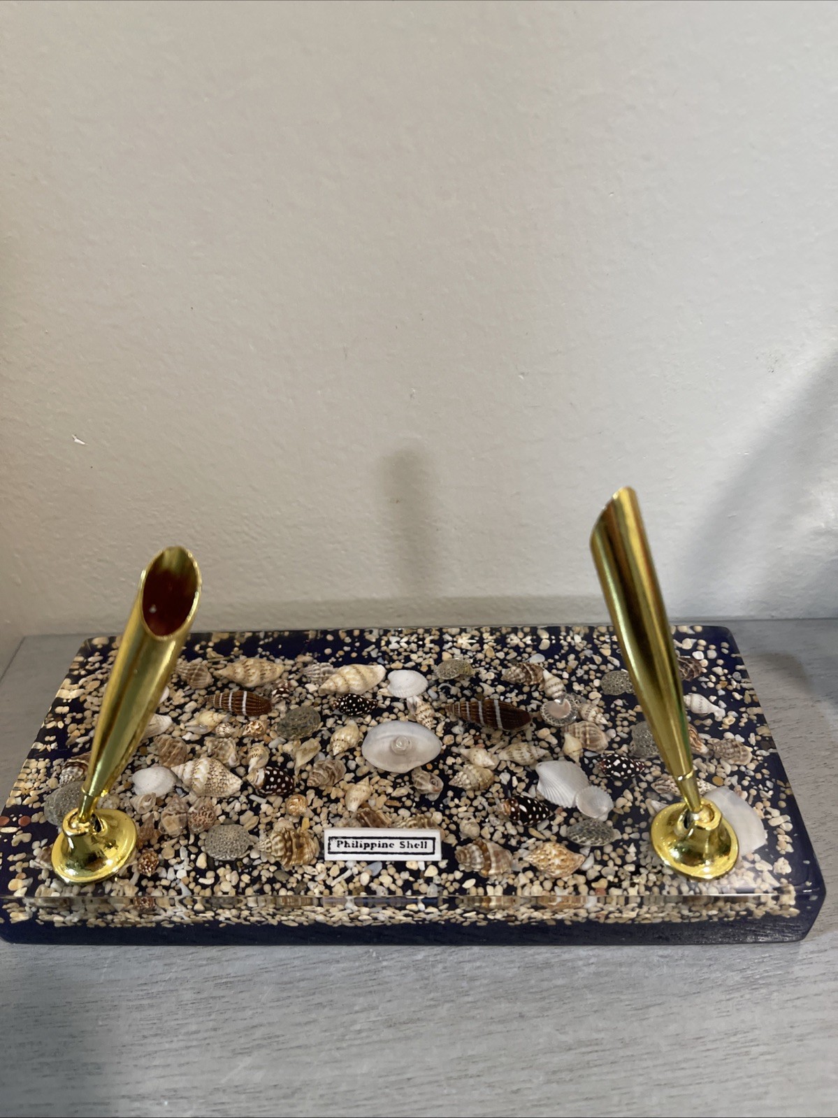 Lucite Pen Holder Desk Shell  Philippines Sea Shell