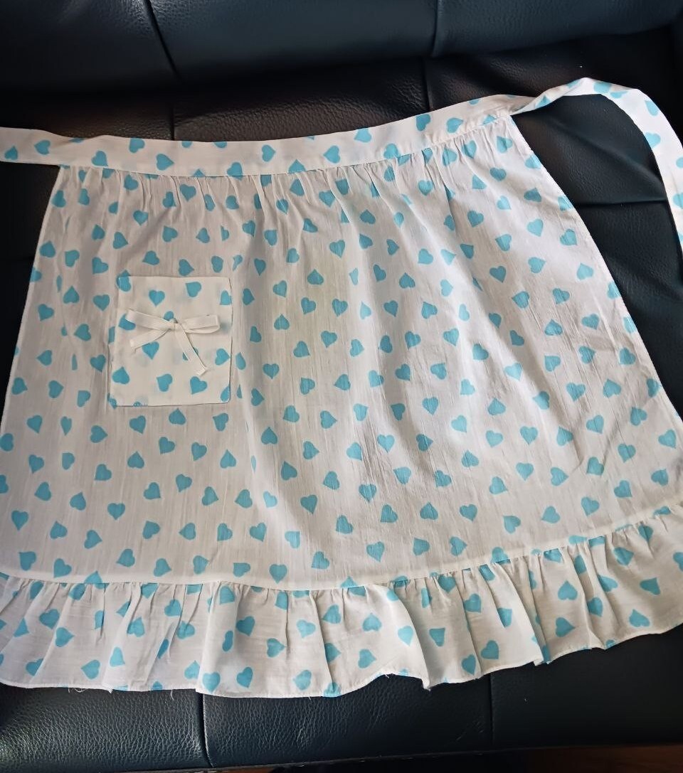 Vintage Child's Apron, Waist Tie, Blue Hearts with pocket