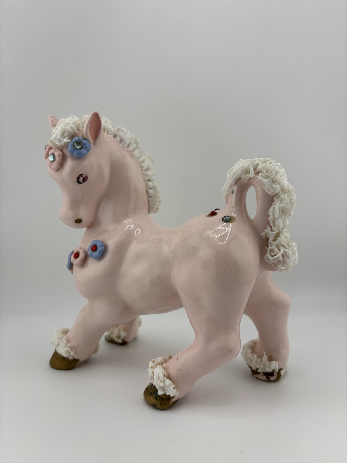 1950’s Kress & Co. Spaghetti Horse Porcelain Pink Rhinestone Flowers Japan