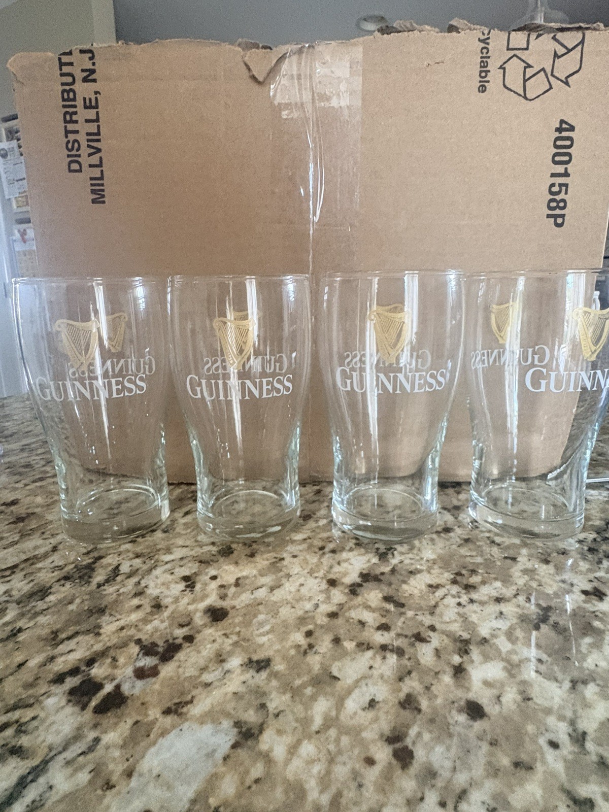 Guinness Draught,  1759 Gold Harp Logo, 16 Oz. Pint Beer Glass - New Set Of 4