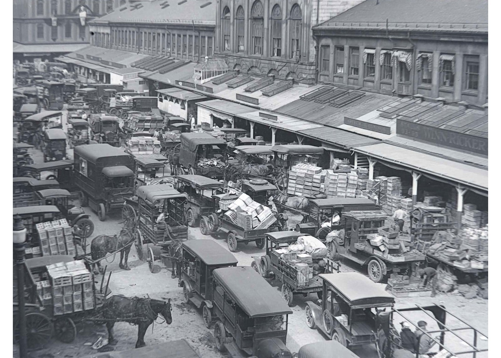 1924 Boston Quincy Market Faneuil Hall Delivery Trucks Horse Glass Negative OOAK