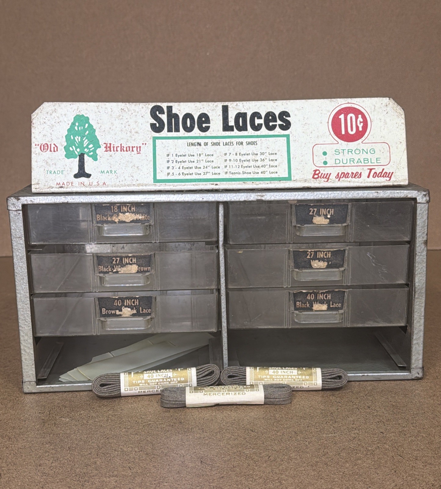 VTG Old Hickory Shoe Laces 8 Drawer Metal Countertop Display Mercantile MISSING