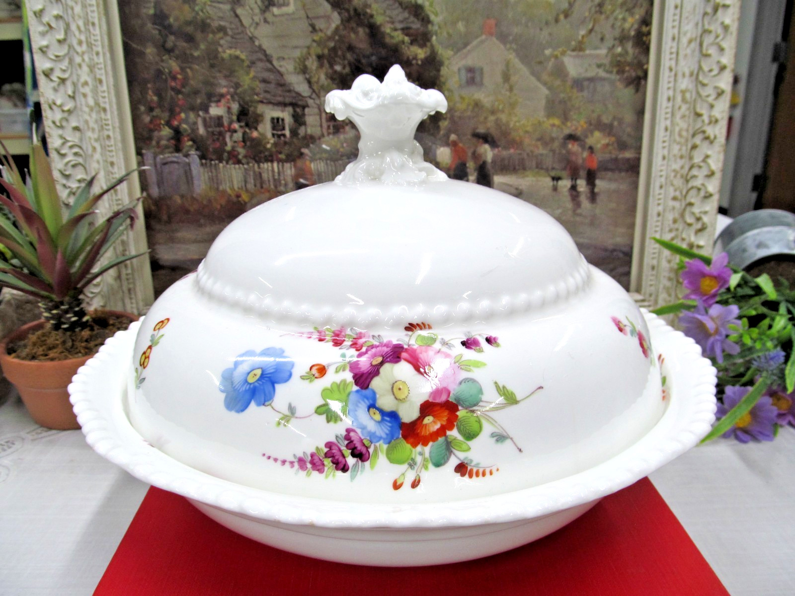 Victorian Tureen Casserole 1860s Coalport painted floral bouquet pattern England