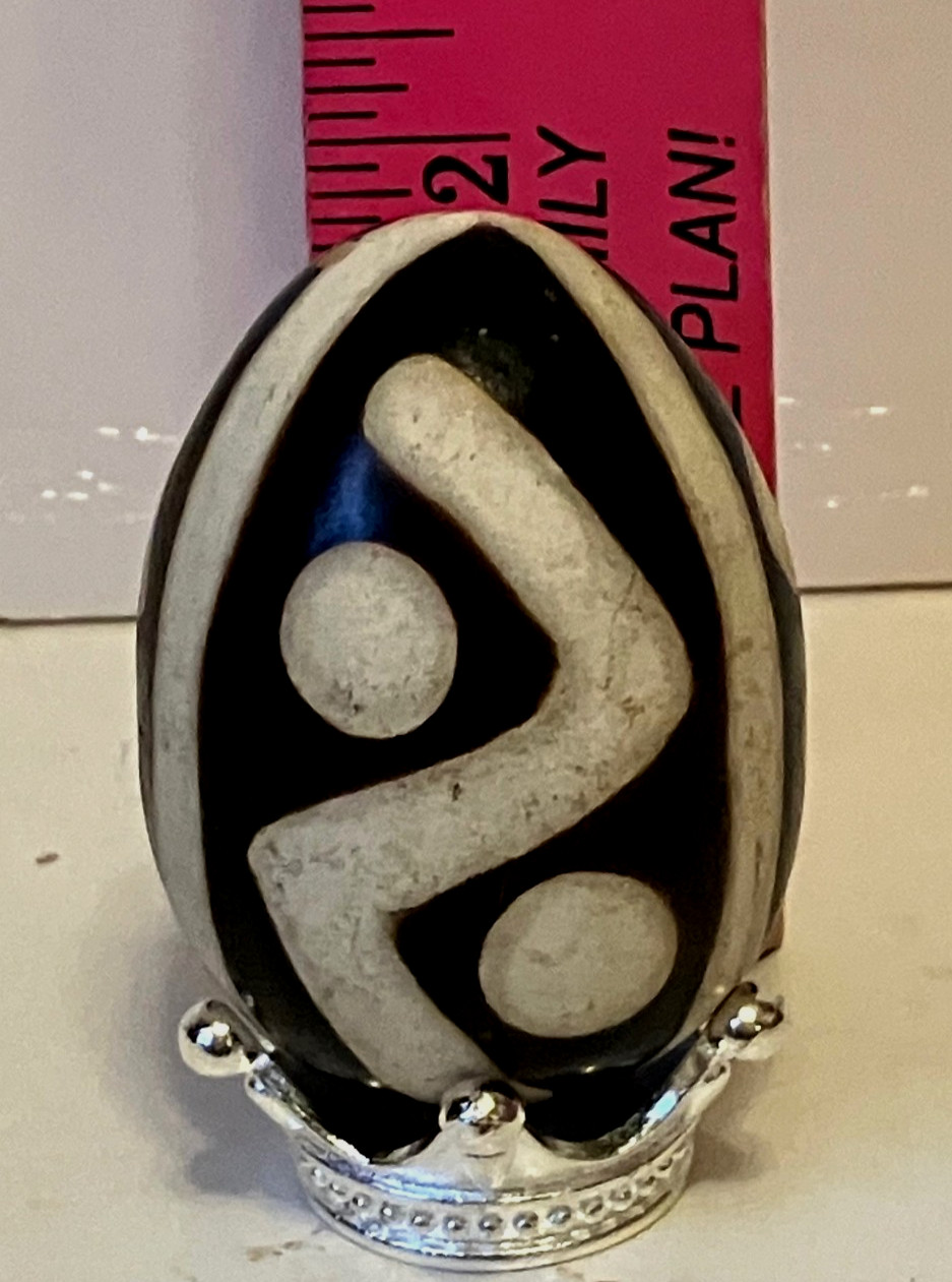 Hand Carved Soap Stone Egg & Stand Black & White Kenyan African Symbols 2\