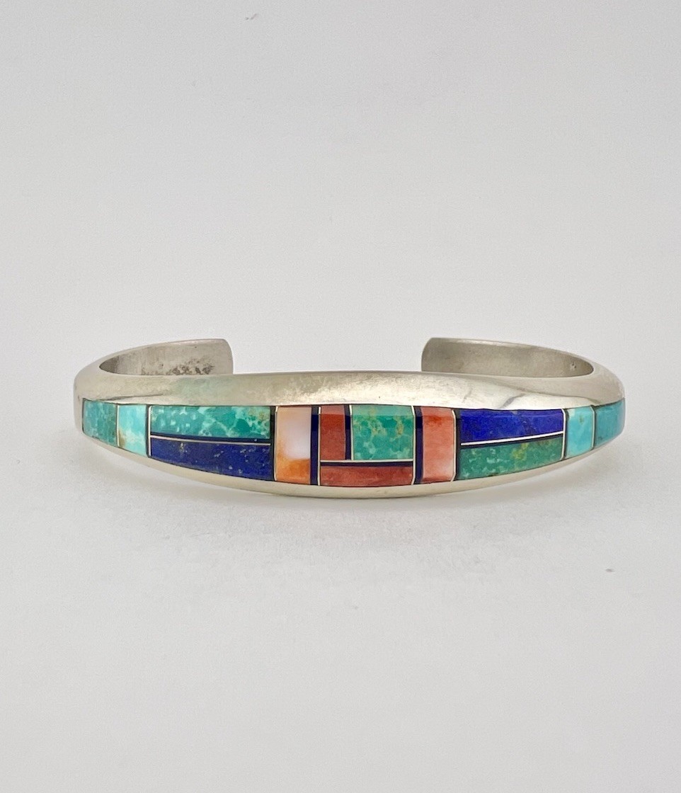 Vtg Phillip Sanchez Navajo Sterling Silver Multi Gemstone Flush Cuff Bracelet #2