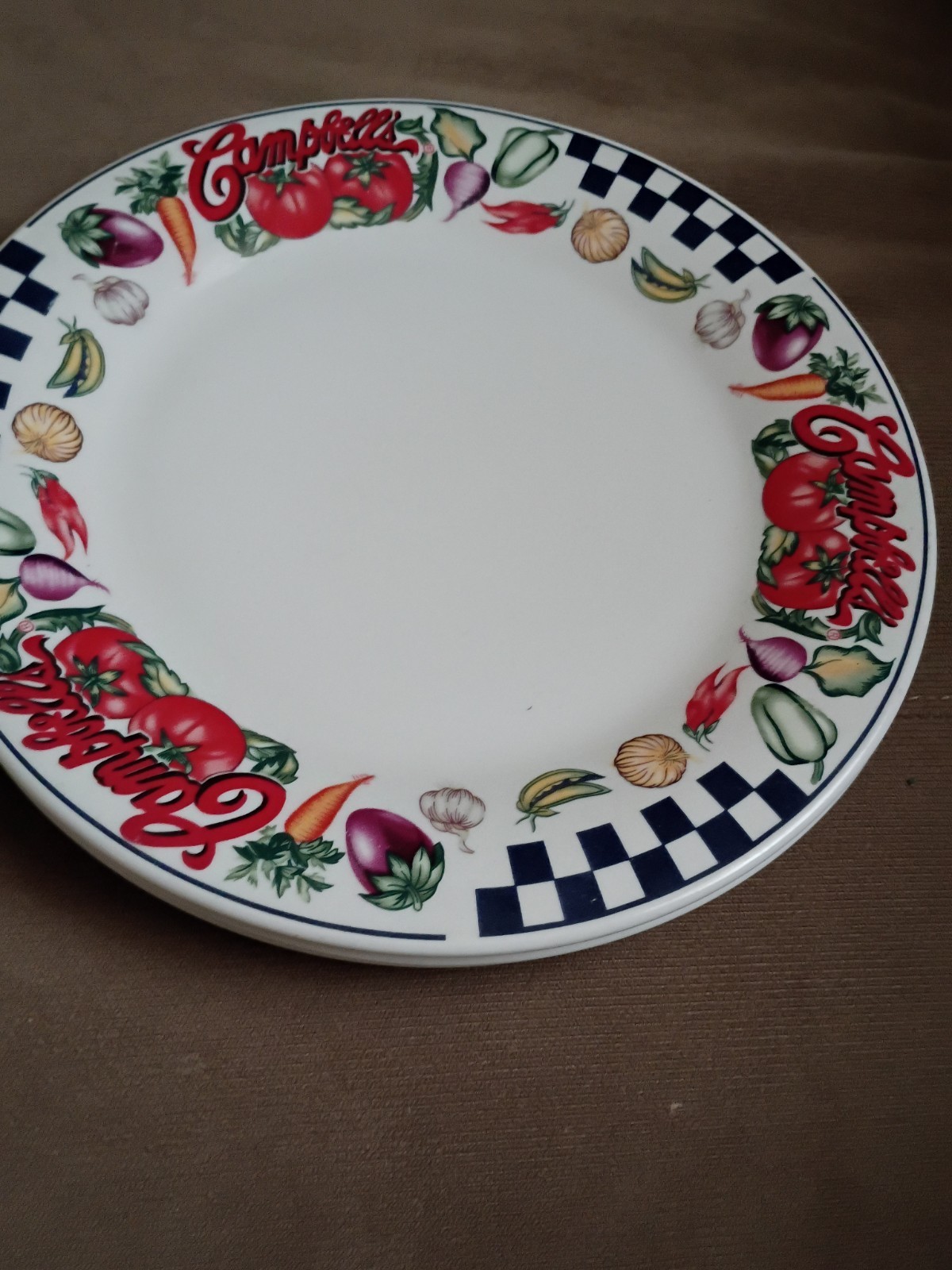 3- Campbell\'s Soup Gibson Housewares Checkered/Vegetable Dinner Plate 10.5\