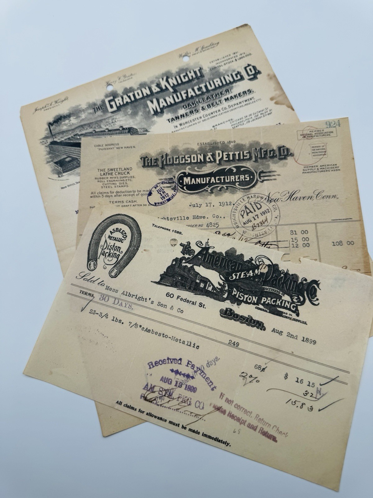 3 Circa 1900 Business Invoices Gratin & Knight Mfg Co. Boggs on & Pettis Mfg