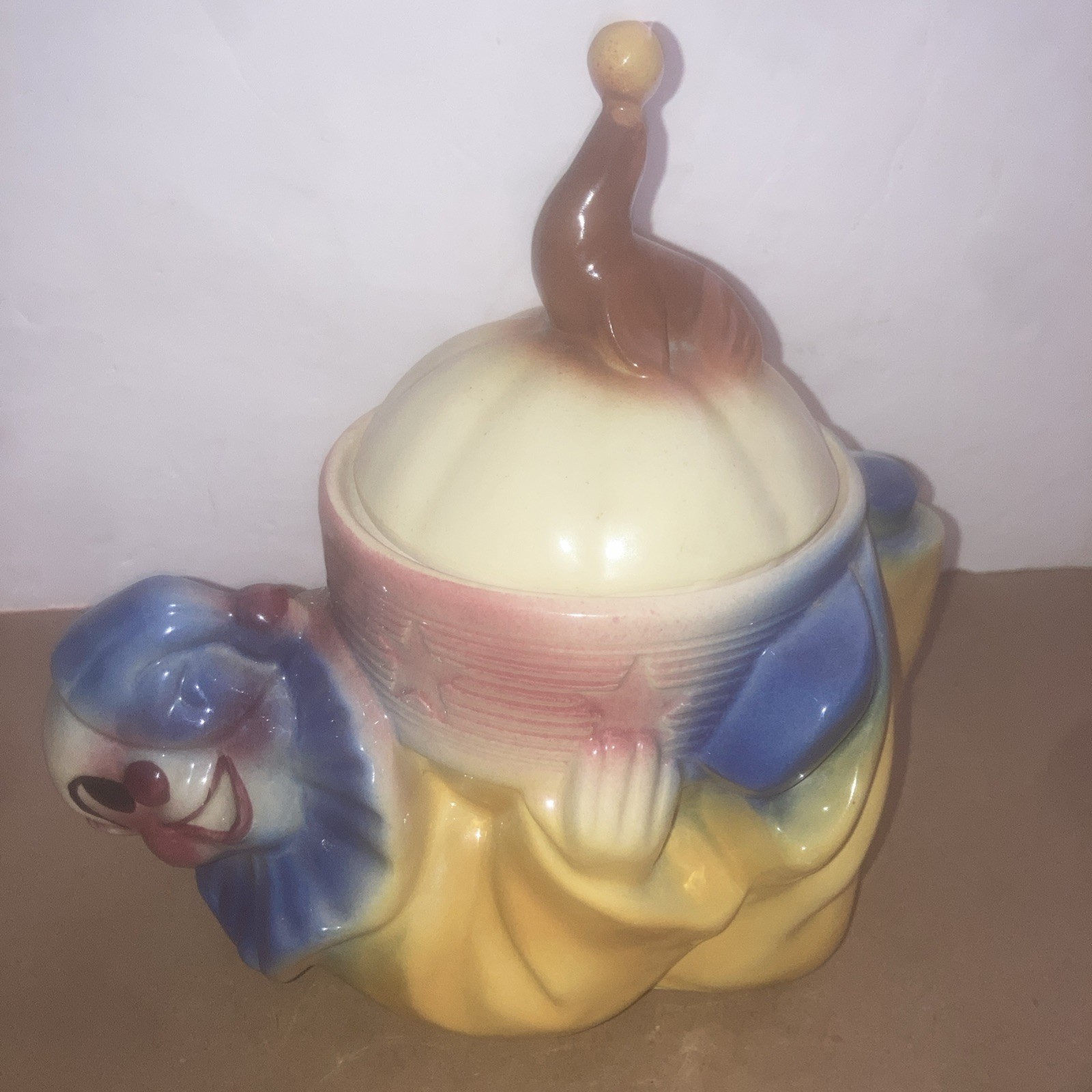 Shawnee Pottery JoJo the Clown Ceramic Cookie Jar w Circus Seal Lid USA 1940s